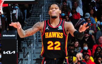ATLANTA, GA - DECEMBER 27: Cam Reddish #22 of the Atlanta Hawks celebrates during the game against the Chicago Bulls on December 27, 2021 at State Farm Arena in Atlanta, Georgia.  NOTE TO USER: User expressly acknowledges and agrees that, by downloading and/or using this Photograph, user is consenting to the terms and conditions of the Getty Images License Agreement. Mandatory Copyright Notice: Copyright 2021 NBAE (Photo by Scott Cunningham/NBAE via Getty Images)