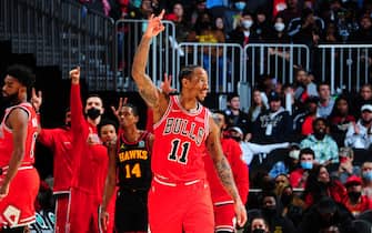 ATLANTA, GA - DECEMBER 27: DeMar DeRozan #11 of the Chicago Bulls celebrates during the game against the Atlanta Hawks on December 27, 2021 at State Farm Arena in Atlanta, Georgia.  NOTE TO USER: User expressly acknowledges and agrees that, by downloading and/or using this Photograph, user is consenting to the terms and conditions of the Getty Images License Agreement. Mandatory Copyright Notice: Copyright 2021 NBAE (Photo by Scott Cunningham/NBAE via Getty Images)