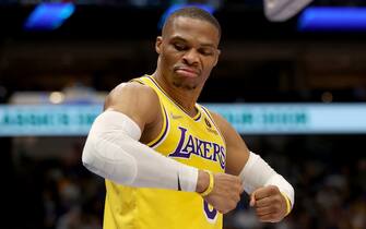 DALLAS, TEXAS - DECEMBER 15: Russell Westbrook #0 of the Los Angeles Lakers reacts against the Dallas Mavericks in the second half at American Airlines Center on December 15, 2021 in Dallas, Texas. (Photo by Tom Pennington/Getty Images)