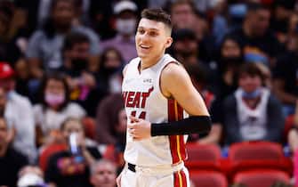 MIAMI, FLORIDA - DECEMBER 28: Tyler Herro #14 of the Miami Heat celebrates a three pointer against the Washington Wizards during the second half at FTX Arena on December 28, 2021 in Miami, Florida. NOTE TO USER: User expressly acknowledges and agrees that, by downloading and or using this photograph, User is consenting to the terms and conditions of the Getty Images License Agreement.  (Photo by Michael Reaves/Getty Images)
