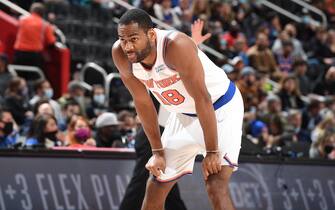 DETROIT, MI - DECEMBER 29: Alec Burks #18 of the New York Knicks looks on during the game against the Detroit Pistons on December 29, 2021 at Little Caesars Arena in Detroit, Michigan. NOTE TO USER: User expressly acknowledges and agrees that, by downloading and/or using this photograph, User is consenting to the terms and conditions of the Getty Images License Agreement. Mandatory Copyright Notice: Copyright 2021 NBAE (Photo by Chris Schwegler/NBAE via Getty Images)
