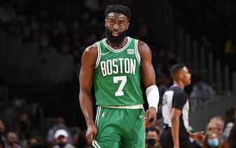BOSTON, MA - DECEMBER 29: Jaylen Brown #7 of the Boston Celtics looks on during the game against the LA Clippers on December 29, 2021 at the TD Garden in Boston, Massachusetts.  NOTE TO USER: User expressly acknowledges and agrees that, by downloading and or using this photograph, User is consenting to the terms and conditions of the Getty Images License Agreement. Mandatory Copyright Notice: Copyright 2021 NBAE  (Photo by Brian Babineau/NBAE via Getty Images)