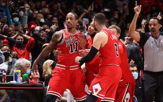 WASHINGTON, DC -  JANUARY 1: DeMar DeRozan #11 of the Chicago Bulls celebrates a three point basket to win the game against the Washington Wizards on January 1, 2022 at Capital One Arena in Washington, DC. NOTE TO USER: User expressly acknowledges and agrees that, by downloading and or using this Photograph, user is consenting to the terms and conditions of the Getty Images License Agreement. Mandatory Copyright Notice: Copyright 2021 NBAE (Photo by Stephen Gosling/NBAE via Getty Images)