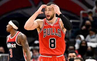 WASHINGTON, DC - JANUARY 01: Zach LaVine #8 of the Chicago Bulls reacts to a call in the second half against the Washington Wizards at Capital One Arena on January 01, 2022 in Washington, DC.  NOTE TO USER: User expressly acknowledges and agrees that, by downloading and or using this photograph, User is consenting to the terms and conditions of the Getty Images License Agreement. (Photo by G Fiume/Getty Images)