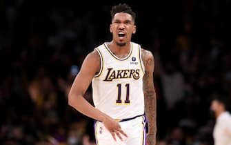 LOS ANGELES, CA - DECEMBER 25: Los Angeles Lakers guard Malik Monk (11) celebrates after making a three point basket guarded by Brooklyn Nets Langston Galloway (9) in the fourth period of the Lakers 122-115 loss to the Nets at Crypto.com Arena on Christmas Day Saturday, Dec. 25, 2021 in Los Angeles, CA. (Gary Coronado / Los Angeles Times)