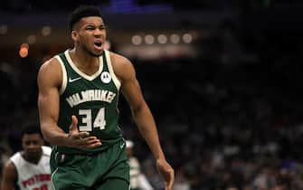MILWAUKEE, WISCONSIN - JANUARY 03: Giannis Antetokounmpo #34 of the Milwaukee Bucks reacts to an officials call during the first half of a game against the Detroit Pistons at Fiserv Forum on January 03, 2022 in Milwaukee, Wisconsin. NOTE TO USER: User expressly acknowledges and agrees that, by downloading and or using this photograph, User is consenting to the terms and conditions of the Getty Images License Agreement. (Photo by Stacy Revere/Getty Images)