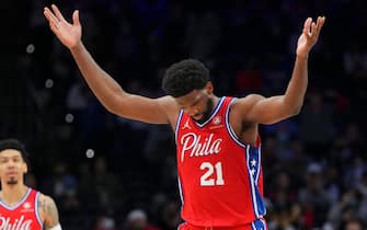 PHILADELPHIA, PA - JANUARY 03: Joel Embiid #21 of the Philadelphia 76ers reacts against the Houston Rockets at the Wells Fargo Center on January 3, 2022 in Philadelphia, Pennsylvania. NOTE TO USER: User expressly acknowledges and agrees that, by downloading and or using this photograph, User is consenting to the terms and conditions of the Getty Images License Agreement. (Photo by Mitchell Leff/Getty Images)