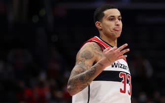 WASHINGTON, DC - JANUARY 03: Kyle Kuzma #33 of the Washington Wizards celebrates after shooting a three-pointer against the Charlotte Hornets during the second half at Capital One Arena on January 03, 2022 in Washington, DC. NOTE TO USER: User expressly acknowledges and agrees that, by downloading and or using this photograph, User is consenting to the terms and conditions of the Getty Images License Agreement. (Photo by Patrick Smith/Getty Images)