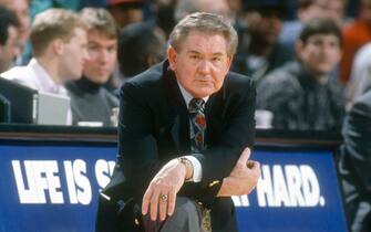 LANDOVER, MD - CIRCA 1992: Head coach Bill Fitch of the New Jersey Nets looks on against the Washington Bullets during an NBA basketball game circa 1992 at the Capital Centre in Landover, Maryland. Fitch coached the Nets from 1989-92. (Photo by Focus on Sport/Getty Images) *** Local Caption *** Bill Fitch