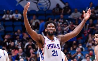ORLANDO, FL - JANUARY 5: Joel Embiid #21 of the Philadelphia 76ers celebrates after winning the game against the Orlando Magic on January 5, 2022 at Amway Center in Orlando, Florida. NOTE TO USER: User expressly acknowledges and agrees that, by downloading and or using this photograph, User is consenting to the terms and conditions of the Getty Images License Agreement. Mandatory Copyright Notice: Copyright 2022 NBAE (Photo by Gary Bassing/NBAE via Getty Images)