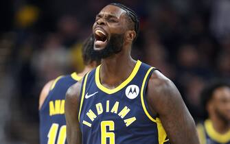 INDIANAPOLIS, INDIANA - JANUARY 05:   Lance Stephenson #6 of the Indiana Pacers celebrates during the game against the Brooklyn Nets at Gainbridge Fieldhouse on January 05, 2022 in Indianapolis, Indiana.    NOTE TO USER: User expressly acknowledges and agrees that, by downloading and or using this Photograph, user is consenting to the terms and conditions of the Getty Images License Agreement.  (Photo by Andy Lyons/Getty Images)