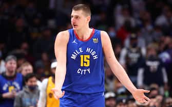 DENVER, CO - JANUARY 05: Nikola Jokic #15 of the Denver Nuggets reacts to a call against the Utah Jazz during the fourth quarter at Ball Arena on January 5, 2022 in Denver, Colorado. NOTE TO USER: User expressly acknowledges and agrees that, by downloading and or using this photograph, User is consenting to the terms and conditions of the Getty Images License Agreement. (Photo by C. Morgan Engel/Getty Images)