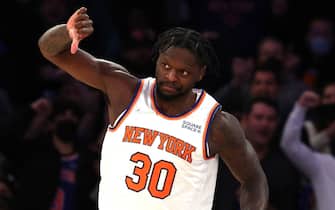 NEW YORK, NEW YORK - JANUARY 06:  Julius Randle #30 of the New York Knicks celebrates a basket against the Boston Celtics during their game at Madison Square Garden on January 06, 2022 in New York City.  NOTE TO USER: User expressly acknowledges and agrees that, by downloading and or using this photograph, User is consenting to the terms and conditions of the Getty Images License Agreement. (Photo by Al Bello/Getty Images)