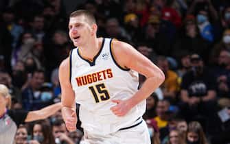 DENVER, CO - JANUARY 7: Nikola Jokic #15 of the Denver Nuggets reacts during a game against the Sacramento Kings on January 7, 2022 at the Ball Arena in Denver, Colorado. NOTE TO USER: User expressly acknowledges and agrees that, by downloading and/or using this Photograph, user is consenting to the terms and conditions of the Getty Images License Agreement. Mandatory Copyright Notice: Copyright 2021 NBAE (Photo by Garrett Ellwood/NBAE via Getty Images) 