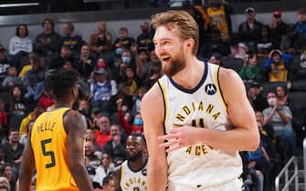 INDIANAPOLIS, IN - JANUARY 8: Domantas Sabonis #11 of the Indiana Pacers celebrates after a play during the game against the Utah Jazz on January 8, 2022 at Gainbridge Fieldhouse in Indianapolis, Indiana. NOTE TO USER: User expressly acknowledges and agrees that, by downloading and or using this Photograph, user is consenting to the terms and conditions of the Getty Images License Agreement. Mandatory Copyright Notice: Copyright 2022 NBAE (Photo by Ron Hoskins/NBAE via Getty Images)