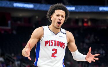 DETROIT, MICHIGAN - JANUARY 10: Cade Cunningham #2 of the Detroit Pistons reacts against the Utah Jazz during the fourth quarter at Little Caesars Arena on January 10, 2022 in Detroit, Michigan. Cade Cunningham finished with a career-high 29 points in the Pistons' victory over the Jazz. NOTE TO USER: User expressly acknowledges and agrees that, by downloading and or using this photograph, User is consenting to the terms and conditions of the Getty Images License Agreement. (Photo by Nic Antaya/Getty Images)