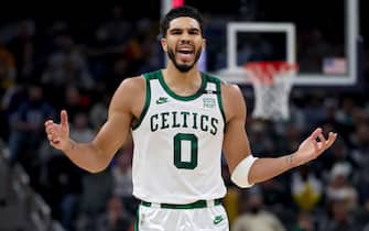 INDIANAPOLIS, INDIANA - JANUARY 12: Jayson Tatum #0 of the Boston Celtics reacts in the second quarter against the Indiana Pacers at Gainbridge Fieldhouse on January 12, 2022 in Indianapolis, Indiana. NOTE TO USER: User expressly acknowledges and agrees that, by downloading and or using this Photograph, user is consenting to the terms and conditions of the Getty Images License Agreement. (Photo by Dylan Buell/Getty Images)