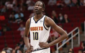 HOUSTON, TEXAS - JANUARY 01: Bol Bol #10 of the Denver Nuggets against the Houston Rockets at Toyota Center on January 01, 2022 in Houston, Texas. NOTE TO USER: User expressly acknowledges and agrees that, by downloading and or using this photograph, User is consenting to the terms and conditions of the Getty Images License Agreement. (Photo by Bob Levey/Getty Images)