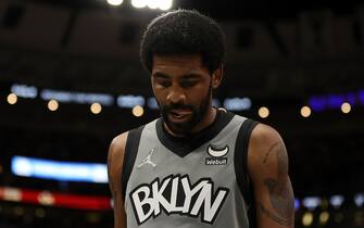 CHICAGO, ILLINOIS - JANUARY 12: Kyrie Irving #11 of the Brooklyn Nets walks backcourt during a game against the Chicago Bulls at United Center on January 12, 2022 in Chicago, Illinois. NOTE TO USER: User expressly acknowledges and agrees that, by downloading and or using this photograph, User is consenting to the terms and conditions of the Getty Images License Agreement. (Photo by Stacy Revere/Getty Images)