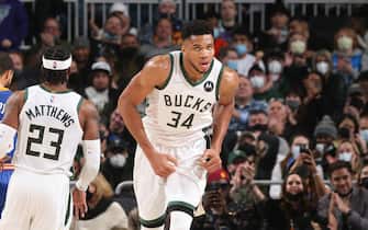 MILWAUKEE, WI - JANUARY 13: Giannis Antetokounmpo #34 of the Milwaukee Bucks runs down the court during the game against the Golden State Warriors on January 13, 2022 at the Fiserv Forum Center in Milwaukee, Wisconsin. NOTE TO USER: User expressly acknowledges and agrees that, by downloading and or using this Photograph, user is consenting to the terms and conditions of the Getty Images License Agreement. Mandatory Copyright Notice: Copyright 2022 NBAE (Photo by Gary Dineen/NBAE via Getty Images).