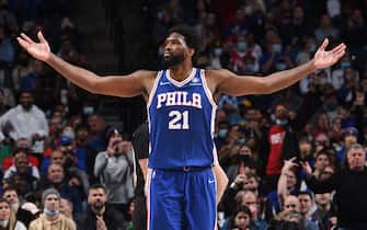 PHILADELPHIA, PA - JANUARY 14: Joel Embiid #21 of the Philadelphia 76ers reacts during a game against the Boston Celtics on January 14, 2022 at Wells Fargo Center in Philadelphia, Pennsylvania. NOTE TO USER: User expressly acknowledges and agrees that, by downloading and/or using this Photograph, user is consenting to the terms and conditions of the Getty Images License Agreement. Mandatory Copyright Notice: Copyright 2021 NBAE (Photo by David Dow/NBAE via Getty Images) 