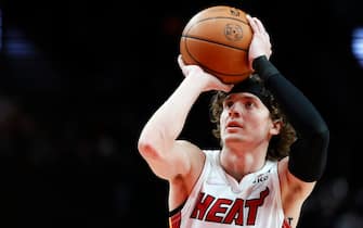 PORTLAND, OREGON - JANUARY 05: Kyle Guy # 5 of the Miami Heat shoots a free throw during the second half against the Portland Trail Blazers at Moda Center on January 05, 2022 in Portland, Oregon. NOTE TO USER: User expressly acknowledges and agrees that, by downloading and or using this photograph, User is consenting to the terms and conditions of the Getty Images License Agreement. (Photo by Soobum Im/Getty Images)