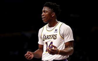 LOS ANGELES, CALIFORNIA - JANUARY 02: Stanley Johnson #14 of the Los Angeles Lakers reacts to a play during the first quarter against the Minnesota Timberwolves at Crypto.com Arena on January 02, 2022 in Los Angeles, California. NOTE TO USER: User expressly acknowledges and agrees that, by downloading and or using this photograph, User is consenting to the terms and conditions of the Getty Images License Agreement. (Photo by Katelyn Mulcahy/Getty Images)