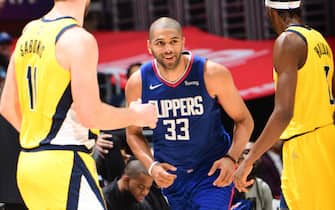 LOS ANGELES, CA - JANUARY 17: Nicolas Batum #33 of the LA Clippers smiles during the game against the Indiana Pacers on January 17, 2022 at Crypto.Com Arena in Los Angeles, California. NOTE TO USER: User expressly acknowledges and agrees that, by downloading and/or using this Photograph, user is consenting to the terms and conditions of the Getty Images License Agreement. Mandatory Copyright Notice: Copyright 2022 NBAE (Photo by Adam Pantozzi/NBAE via Getty Images)