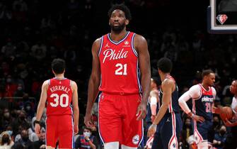 WASHINGTON, DC -  JANUARY 17: Joel Embiid #21 of the Philadelphia 76ers looks on during the game against the Washington Wizards on January 17, 2022 at Capital One Arena in Washington, DC. NOTE TO USER: User expressly acknowledges and agrees that, by downloading and or using this Photograph, user is consenting to the terms and conditions of the Getty Images License Agreement. Mandatory Copyright Notice: Copyright 2022 NBAE (Photo by Stephen Gosling/NBAE via Getty Images)
