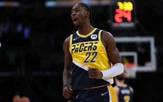 LOS ANGELES, CALIFORNIA - JANUARY 19: Caris LeVert #22 of the Indiana Pacers celebrates a three pointer during a 111-104 Pacers win over the Los Angeles Lakers at Crypto.com Arena on January 19, 2022 in Los Angeles, California. NOTE TO USER: User expressly acknowledges and agrees that, by downloading and/or using this Photograph, user is consenting to the terms and conditions of the Getty Images License Agreement. Mandatory Copyright Notice: Copyright 2022 NBAE (Photo by Harry How/Getty Images)