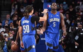 PHILADELPHIA, PA - JANUARY 19: Cole Anthony #50 of the Orlando Magic and Mo Bamba #5 of the Orlando Magic high-five during a game against the Philadelphia 76ers on January 19, 2022 at Wells Fargo Center in Philadelphia, Pennsylvania. NOTE TO USER: User expressly acknowledges and agrees that, by downloading and/or using this Photograph, user is consenting to the terms and conditions of the Getty Images License Agreement. Mandatory Copyright Notice: Copyright 2022 NBAE (Photo by David Dow/NBAE via Getty Images) 