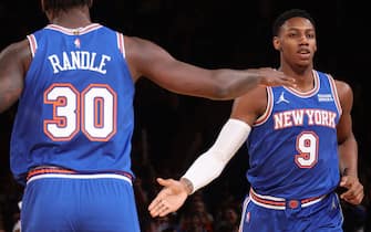 NEW YORK, NY - JANUARY 23: RJ Barrett #9 high fives Julius Randle #30 of the New York Knicks during the game against the LA Clippers on January 23, 2022 at Madison Square Garden in New York City, New York.  NOTE TO USER: User expressly acknowledges and agrees that, by downloading and or using this photograph, User is consenting to the terms and conditions of the Getty Images License Agreement. Mandatory Copyright Notice: Copyright 2022 NBAE  (Photo by Nathaniel S. Butler/NBAE via Getty Images)