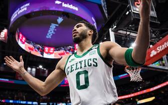 WASHINGTON, DC - JANUARY 23: Jayson Tatum #0 of the Boston Celtics celebrates during the second half after scoring 50 points against the Washington Wizards at Capital One Arena on January 23, 2022 in Washington, DC. NOTE TO USER: User expressly acknowledges and agrees that, by downloading and or using this photograph, User is consenting to the terms and conditions of the Getty Images License Agreement. (Photo by Scott Taetsch/Getty Images)