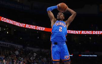 OKLAHOMA CITY, OK - JANUARY 24: Shai Gilgeous-Alexander #2 of the Oklahoma City Thunder dunks the ball during the game against the Chicago Bulls on January 24, 2022 at Paycom Arena in Oklahoma City, Oklahoma. NOTE TO USER: User expressly acknowledges and agrees that, by downloading and or using this photograph, User is consenting to the terms and conditions of the Getty Images License Agreement. Mandatory Copyright Notice: Copyright 2022 NBAE (Photo by Zach Beeker/NBAE via Getty Images)