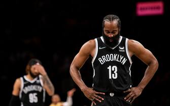 NEW YORK, NEW YORK - JANUARY 25: James Harden #13 of the Brooklyn Nets reacts during action against the Los Angeles Lakers at Barclays Center on January 25, 2022 in the Brooklyn borough of New York City. NOTE TO USER: User expressly acknowledges and agrees that, by downloading and or using this photograph, User is consenting to the terms and conditions of the Getty Images License Agreement. (Photo by Michelle Farsi/Getty Images)