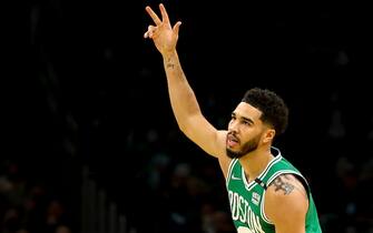BOSTON, MA - JANUARY 25:  Jayson Tatum #0 of the Boston Celtics reacts after making a three-point shot during game against the Sacramento Kings at TD Garden on January 25, 2022 in Boston, Massachusetts. NOTE TO USER: User expressly acknowledges and agrees that, by downloading and or using this photograph, User is consenting to the terms and conditions of the Getty Images License Agreement. (Photo by Adam Glanzman/Getty Images)