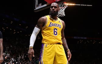 BROOKLYN, NY - JANUARY 25: LeBron James #6 of the Los Angeles Lakers celebrates during the game against the Brooklyn Nets on January 25, 2022 at Barclays Center in Brooklyn, New York. NOTE TO USER: User expressly acknowledges and agrees that, by downloading and or using this Photograph, user is consenting to the terms and conditions of the Getty Images License Agreement. Mandatory Copyright Notice: Copyright 2022 NBAE (Photo by Nathaniel S. Butler/NBAE via Getty Images)