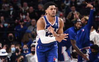 PHILADELPHIA, PA - JANUARY 25: Tobias Harris #12 of the Philadelphia 76ers reacts during a game against the New Orleans Pelicans on January 25, 2022 at Wells Fargo Center in Philadelphia, Pennsylvania. NOTE TO USER: User expressly acknowledges and agrees that, by downloading and/or using this Photograph, user is consenting to the terms and conditions of the Getty Images License Agreement. Mandatory Copyright Notice: Copyright 2022 NBAE (Photo by David Dow/NBAE via Getty Images) 