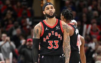 CHICAGO, ILLINOIS - JANUARY 26:  Gary Trent Jr. #33 of the Toronto Raptors reacts after receiving his second technical foul in the fourth quarter against the Chicago Bulls on January 26, 2022 at the United Center in Chicago, Illinois. Chicago defeated Toronto 111-105.  NOTE TO USER: User expressly acknowledges and agrees that, by downloading and or using this photograph, User is consenting to the terms and conditions of the Getty Images License Agreement.  (Photo by Jamie Sabau/Getty Images)