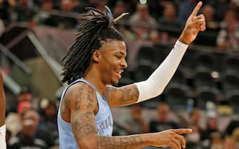 SAN ANTONIO,TX-JANUARY 26: Ja Morant #12 of the Memphis Grizzlies reacts after a basket against the San Antonio Spurs in the second half at AT&T Center on January 26, 2022 in San Antonio,Texas. NOTE TO USER: User expressly acknowledges and agrees that, by downloading and or using this photograph, User is consenting to terms and conditions of the Getty Images License Agreement. (Photo by Ronald Cortes/Getty Images)
