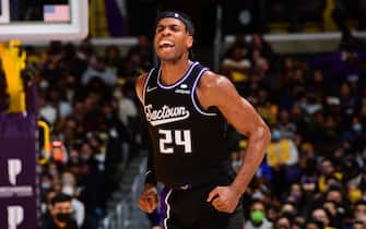 LOS ANGELES, CA - JANUARY 4: Buddy Hield #24 of the Sacramento Kings celebrates during the game against the Los Angeles Lakers on January 4, 2022 at Crypto.Com Arena in Los Angeles, California. NOTE TO USER: User expressly acknowledges and agrees that, by downloading and/or using this Photograph, user is consenting to the terms and conditions of the Getty Images License Agreement. Mandatory Copyright Notice: Copyright 2022 NBAE (Photo by Adam Pantozzi/NBAE via Getty Images) 
