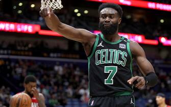 NEW ORLEANS, LOUISIANA - JANUARY 29: Jaylen Brown #7 of the Boston Celtics reacts after being fouled during the first quarter of an NBA game against the New Orleans Pelicans at Smoothie King Center on January 29, 2022 in New Orleans, Louisiana. NOTE TO USER: User expressly acknowledges and agrees that, by downloading and or using this photograph, User is consenting to the terms and conditions of the Getty Images License Agreement. (Photo by Sean Gardner/Getty Images)