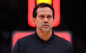 ATLANTA, GEORGIA - JANUARY 21:  Head coach Erik Spoelstra of the Miami Heat reacts after their 110-108 loss to the Atlanta Hawks at State Farm Arena on January 21, 2022 in Atlanta, Georgia.  NOTE TO USER: User expressly acknowledges and agrees that, by downloading and or using this photograph, User is consenting to the terms and conditions of the Getty Images License Agreement. (Photo by Kevin C. Cox/Getty Images)