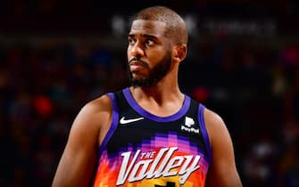 PHOENIX, AZ - JANUARY 30: Chris Paul #3 of the Phoenix Suns looks on during the game against the San Antonio Spurs on January 30, 2022 at Footprint Center in Phoenix, Arizona. NOTE TO USER: User expressly acknowledges and agrees that, by downloading and or using this photograph, user is consenting to the terms and conditions of the Getty Images License Agreement. Mandatory Copyright Notice: Copyright 2022 NBAE (Photo by Barry Gossage/NBAE via Getty Images)