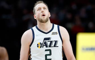 PORTLAND, OREGON - DECEMBER 29: Joe Ingles # 2 of the Utah Jazz reacts during the first half against the Portland Trail Blazersat Moda Center on December 29, 2021 in Portland, Oregon. NOTE TO USER: User expressly acknowledges and agrees that, by downloading and or using this photograph, User is consenting to the terms and conditions of the Getty Images License Agreement. (Photo by Soobum Im/Getty Images)