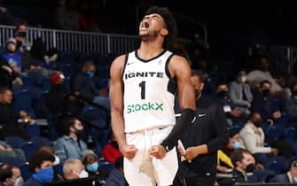 WASHINGTON, DC - JANUARY 28: Jaden Hardy #1 of the G League Ignite celebrates a made 3-pointer against the Capital City GoGo during an NBA G-League game on January 26, 2022 at Entertainment and Sports Arena in Washington, DC. NOTE TO USER: User expressly acknowledges and agrees that, by downloading and or using this photograph, User is consenting to the terms and conditions of the Getty Images License Agreement. Mandatory Copyright Notice: Copyright 2022 NBAE (Photo by Stephen Gosling/NBAE via Getty Images)