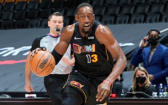 TORONTO, CANADA - FEBRUARY 1: Bam Adebayo #13 of the Miami Heat drives to the basket during the game against the Toronto Raptors on February 1, 2022 at the Scotiabank Arena in Toronto, Ontario, Canada.  NOTE TO USER: User expressly acknowledges and agrees that, by downloading and or using this Photograph, user is consenting to the terms and conditions of the Getty Images License Agreement.  Mandatory Copyright Notice: Copyright 2022 NBAE (Photo by Kevin Sousa/NBAE via Getty Images)