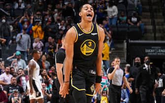SAN ANTONIO, TX - FEBRUARY 1: Jordan Poole #3 of the Golden State Warriors reacts during a game against the San Antonio Spurs on February 1, 2022 at the AT&T Center in San Antonio, Texas. NOTE TO USER: User expressly acknowledges and agrees that, by downloading and/or using this Photograph, user is consenting to the terms and conditions of the Getty Images License Agreement. Mandatory Copyright Notice: Copyright 2022 NBAE (Photo by Garrett Ellwood/NBAE via Getty Images) 