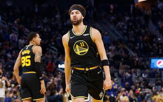 SAN FRANCISCO, CALIFORNIA - FEBRUARY 03: Klay Thompson #11 of the Golden State Warriors celebrates after making a three-point shot in the first half against the Sacramento Kings at Chase Center on February 03, 2022 in San Francisco, California. NOTE TO USER: User expressly acknowledges and agrees that, by downloading and/or using this photograph, User is consenting to the terms and conditions of the Getty Images License Agreement. (Photo by Lachlan Cunningham/Getty Images)