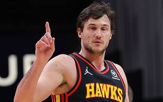 ATLANTA, GEORGIA - FEBRUARY 08:  Danilo Gallinari #8 of the Atlanta Hawks reacts after a dunk against the Indiana Pacers during the first half at State Farm Arena on February 08, 2022 in Atlanta, Georgia.  NOTE TO USER: User expressly acknowledges and agrees that, by downloading and or using this photograph, User is consenting to the terms and conditions of the Getty Images License Agreement.  (Photo by Kevin C. Cox/Getty Images)